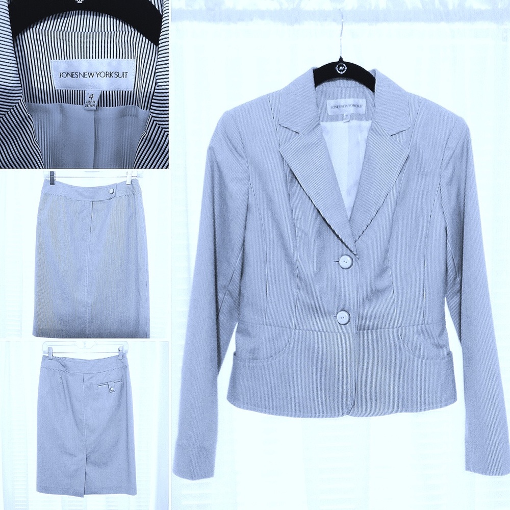 EUC 🌸 JONES NEW YORK 🦋White w Navy Pnstripe Suit